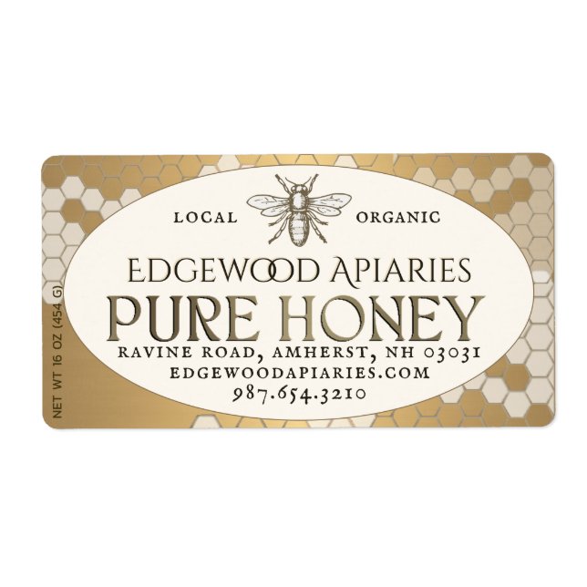 Heraldic Bee Honeycomb Honey Label Gold Ivory (Vorne)
