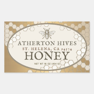 Heraldic Bee Ivory Oval Honey Label Gold Honeycomb Rechteckiger Aufkleber