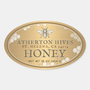 Heraldic Bee Metallic Gold Honey Label Oval Ovaler Aufkleber