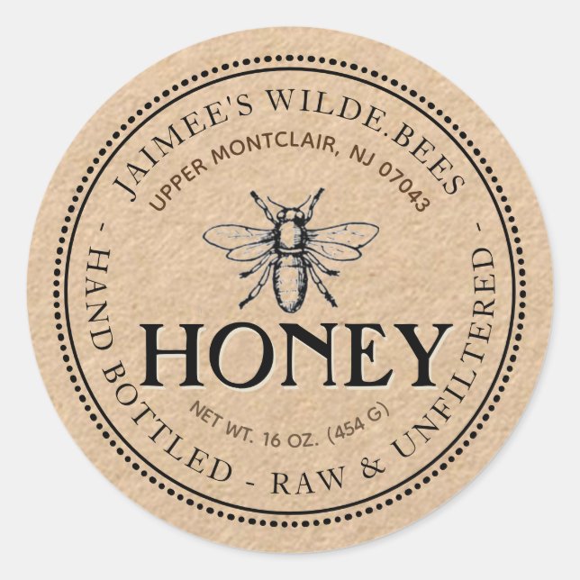 Heraldic Bee Raw Hand Honey Kraft Label Runder Aufkleber (Vorderseite)