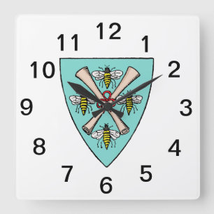 Heraldische Antiquität 4 Bienen Schriftbänder auf Quadratische Wanduhr