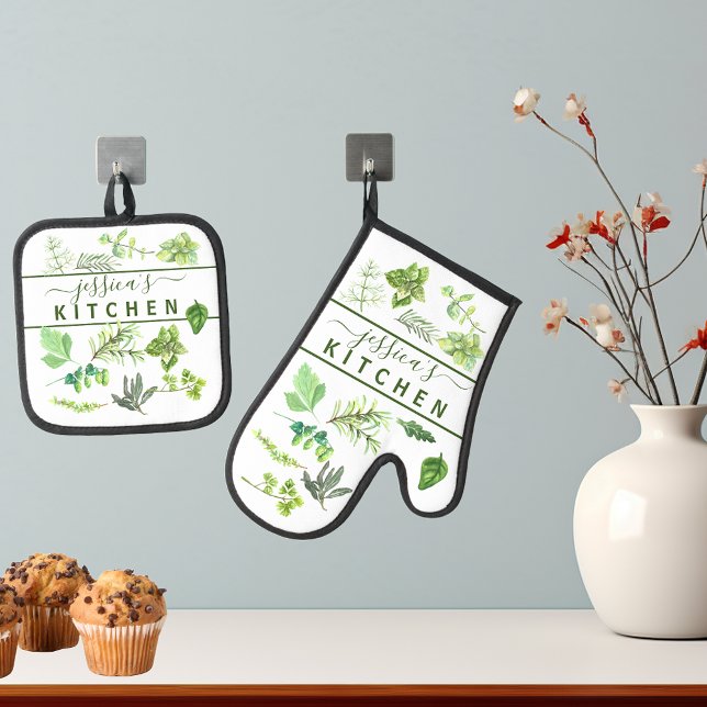 Herb Watercolor Monogram Cook Name Küche Ofenhandschuh & Topflappen-Set (Von Creator hochgeladen)