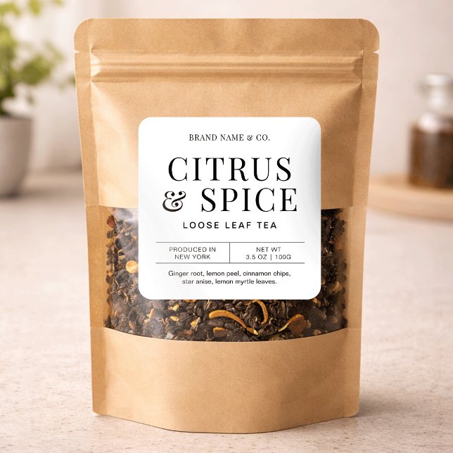 Herbal Tea Simple Minimalist Ingredients Label Quadratischer Aufkleber (Von Creator hochgeladen)