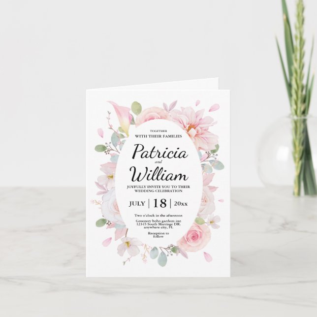 Herbes Roses Fleurs Fleurs Mariage Carte Invitatio (Devant)