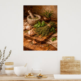 Herbs and Garlic Still Life a Rustic Culinary Poster