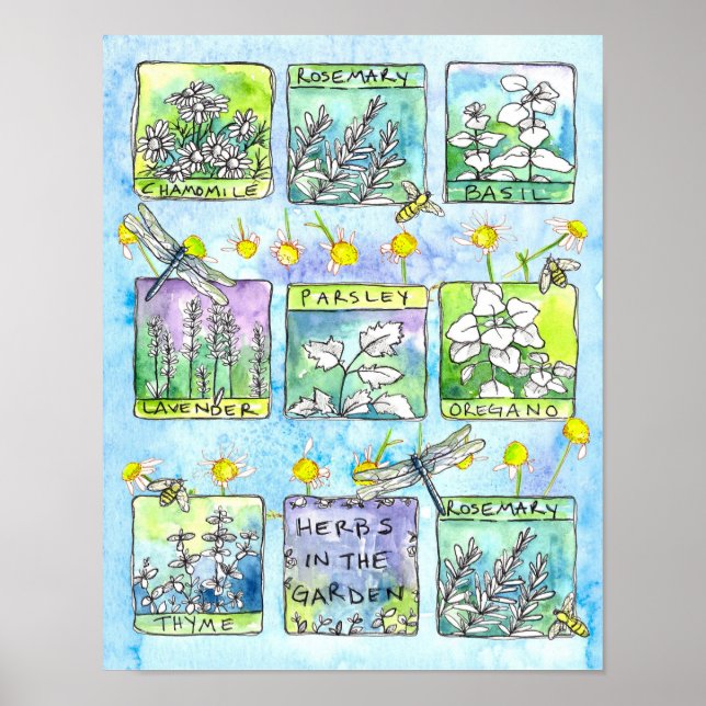 Herbs Garden Dragonflies Honey Bees Kitchen Art Poster (Vorne)