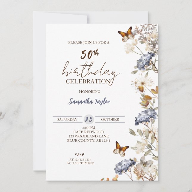 Herbst 50. Geburtstag, Blumengeburt Einladung (Vorderseite)