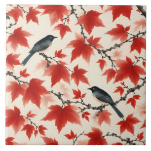 Herbst-Ahorn und Vögel Japanische Kunst Fliese