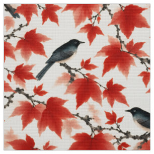 Herbst-Ahorn und Vögel Japanische Kunst Stoff