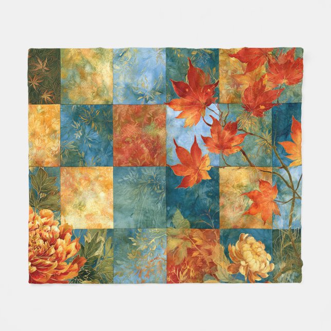 Herbst-Ahornblatt-Botanischer Patchwork Fleecedecke (Vorderseite (Horizontal))