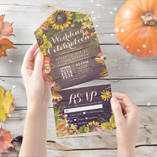 Herbst-Ahornblatt-Kürbis-rustikale Holz-Hochzeit R All In One Einladung