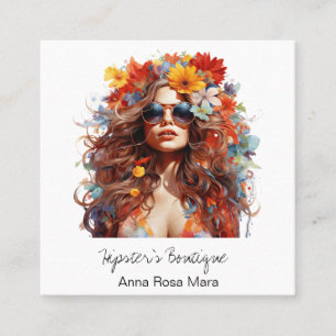 *~* HERBST AP57 QR Boho Blumen Haar Hippie Dame Quadratische Visitenkarte