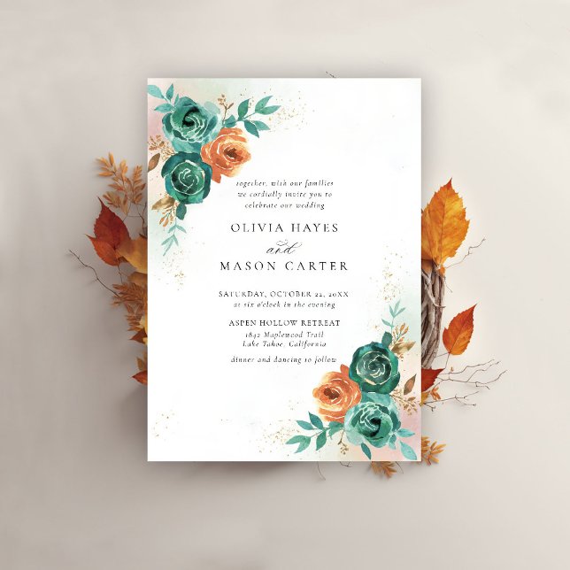 Herbst Aquamarin Burnt Orange Botanische Blumenhoc Einladung (fall wedding invitation teal burnt orange terracotta watercolor floral botanical earthy nature)