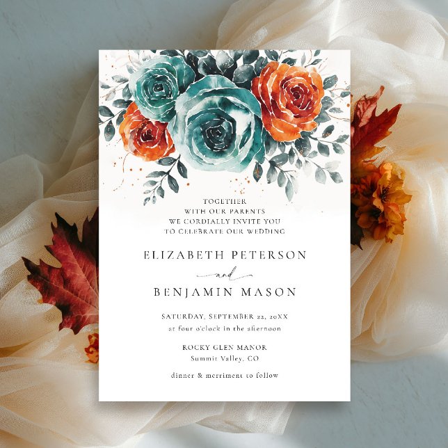 Herbst Aquamarin Burnt Orange Floral Romantische H Einladung (fall wedding invitation teal burnt orange terracotta watercolor floral botanical modern elegant)