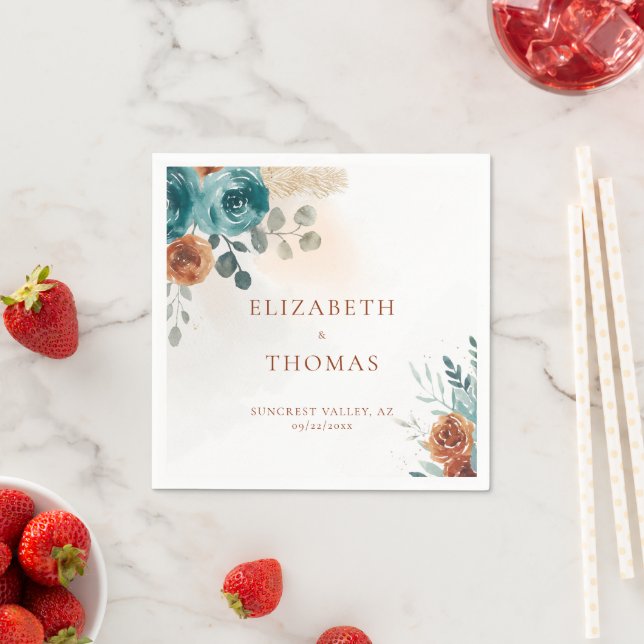 Herbst Aquamarin Burnt Orange Rose Wasserfarbene V Serviette (Beispiel)