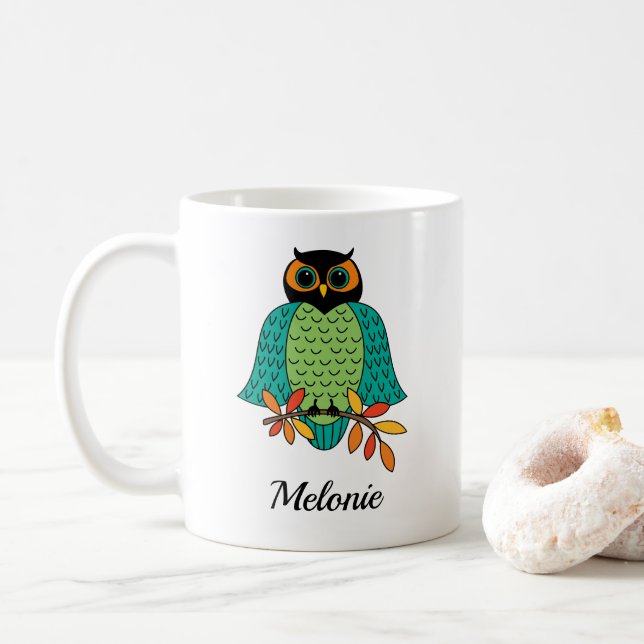 Herbst-aquamarine Eulen-mit Monogramm Name Kaffeetasse (Mit Donut)