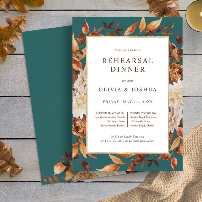 Herbst Aquamarine Probe Abendessen Einladung (Elegant Fall Leaves Teal Rehearsal Dinner Invitation by Painted Paperie
)