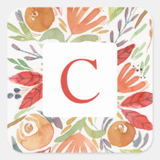 Herbst-Aquarell-Blumen-Monogramm Quadratischer Aufkleber