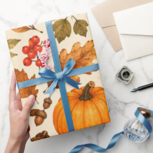 Herbst-Aquarell-Kürbisse, Herbstlaub und Wald Geschenkpapier