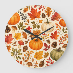 Herbst-Aquarell-Kürbisse, Herbstlaub und Wald Große Wanduhr