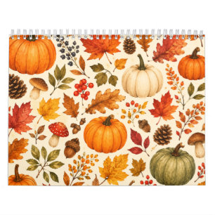 Herbst-Aquarell-Kürbisse, Herbstlaub und Wald Kalender