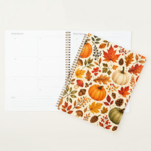 Herbst-Aquarell-Kürbisse, Herbstlaub und Wald Planer