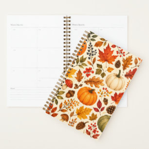Herbst-Aquarell-Kürbisse, Herbstlaub und Wald Planer