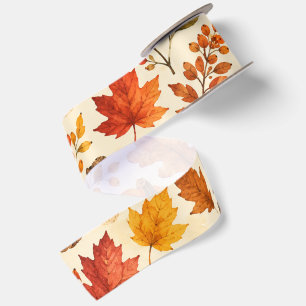 Herbst-Aquarell-Kürbisse, Herbstlaub und Wald Satinband