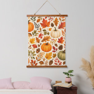 Herbst-Aquarell-Kürbisse, Herbstlaub und Wald Wandteppich Mit Holzrahmen