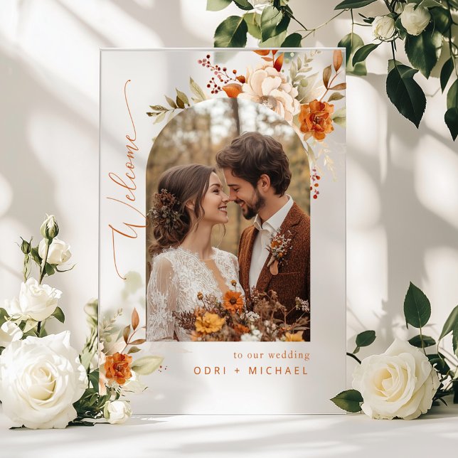 Herbst Arch Modernes Foto Hochzeit Willkommen Acrylschild (Von Creator hochgeladen)