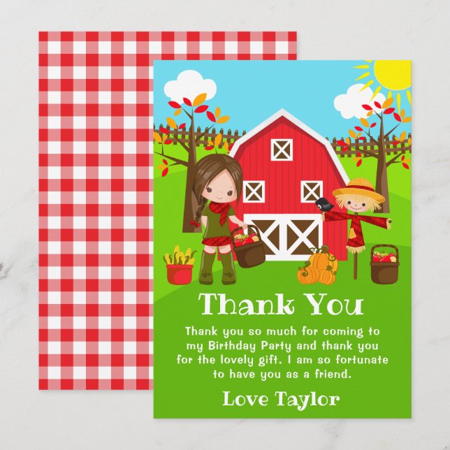 Herbst Barnyard Birthday Braun Haare Girl Dankeskarte (Vorne/Hinten)