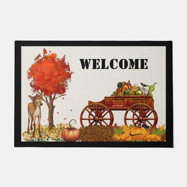 Herbst Begrüßungstürme mit Holzwagen und Hirsch Fußmatte (Vorderseite)