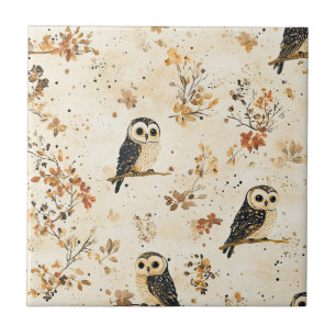 Herbst-Beige-Eule-Botanik-Waldmuster Fliese