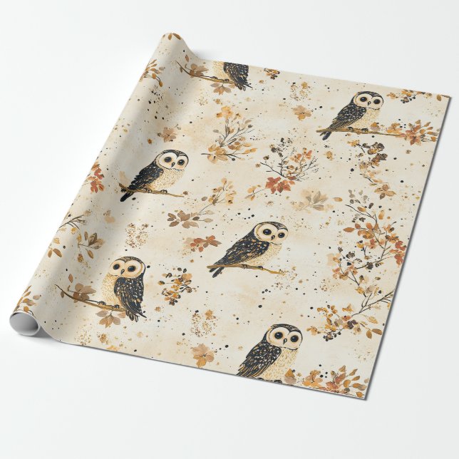 Herbst-Beige-Eule-Botanik-Waldmuster Geschenkpapier (Ungerollt)