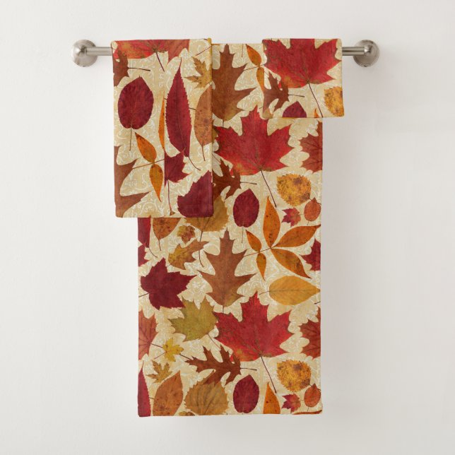 Herbst-Blätter auf beige Damast Badhandtuch Set (Insitu)