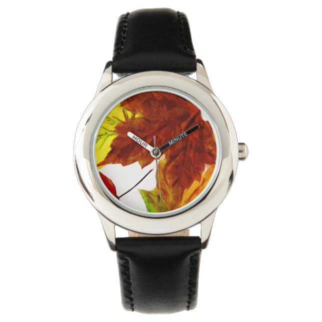 Herbst-Blätter auf weißem abstraktem Armbanduhr (Vorderseite)