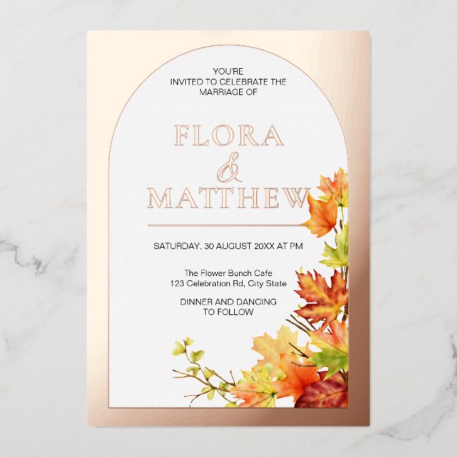 Herbst Blätter Gold Boho Classic | Moderne Hochzei Folieneinladung (Vorderseite)