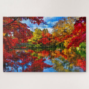 Herbst-Blätter Herbstsaison Jigsaw Puzzle mit See