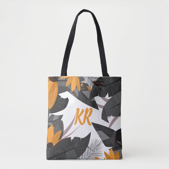 Herbst Blätter Orange Grau Mit Monogramm Tasche (Vorderseite)