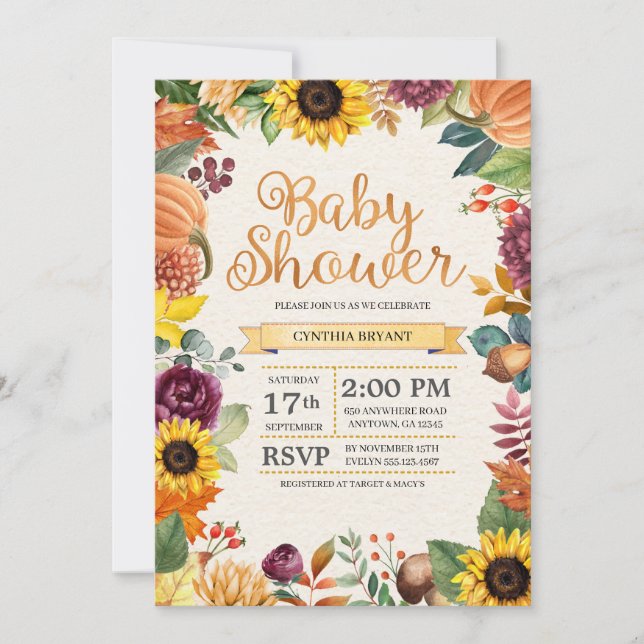Herbst-Blätter-Sonnenblume-Fall-Baby-Dusche Einladung (Vorderseite)