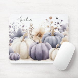 Herbst Blau und Beige Kürbisse und Blumen Mousepad