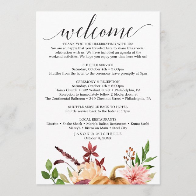 Herbst-Bliss-Hochzeitstag - Begrüßung Programm (Vorderseite)