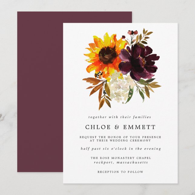 Herbst-Blume Gelbe Sonnenblume Lila Peony Wedding Einladung (Vorne/Hinten)