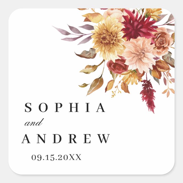 Herbst-Blume-Hochzeit Quadratischer Aufkleber (Vorderseite)