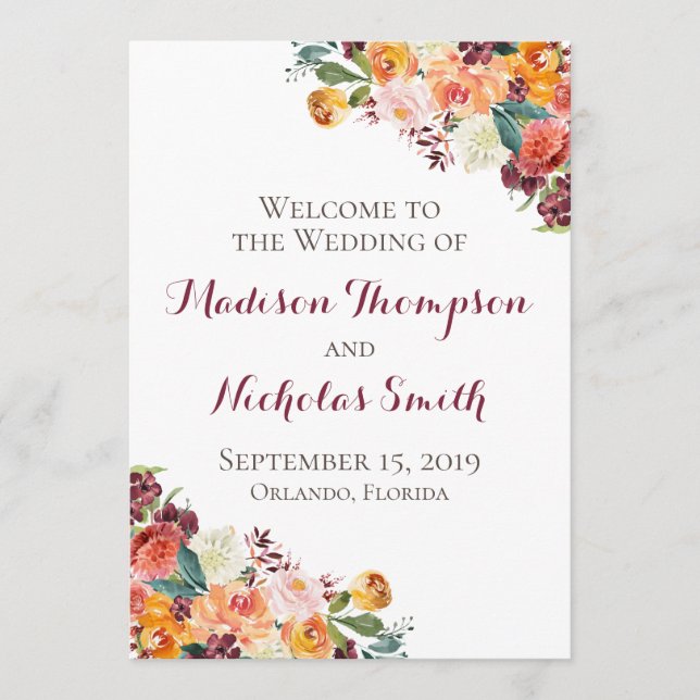Herbst-Blume-Hochzeitskarten, Orange Burgund Programm (Vorderseite)