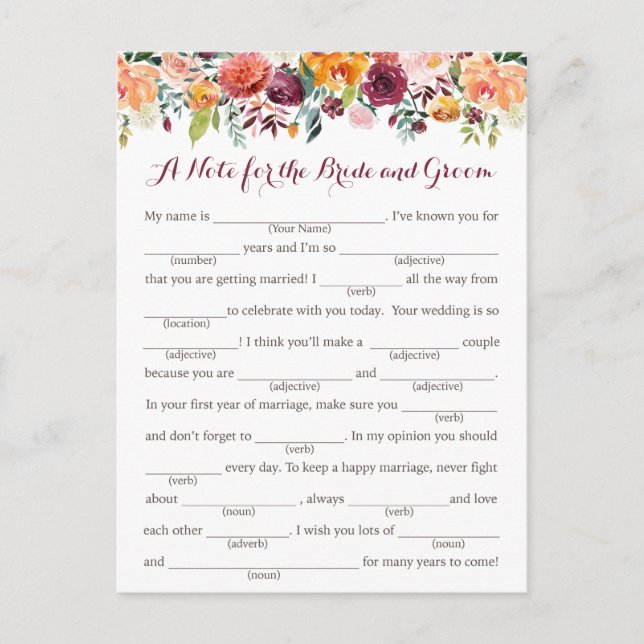 Herbst-Blume Hochzeitsratgeber Karten, orange rosa Postkarte (Vorderseite)