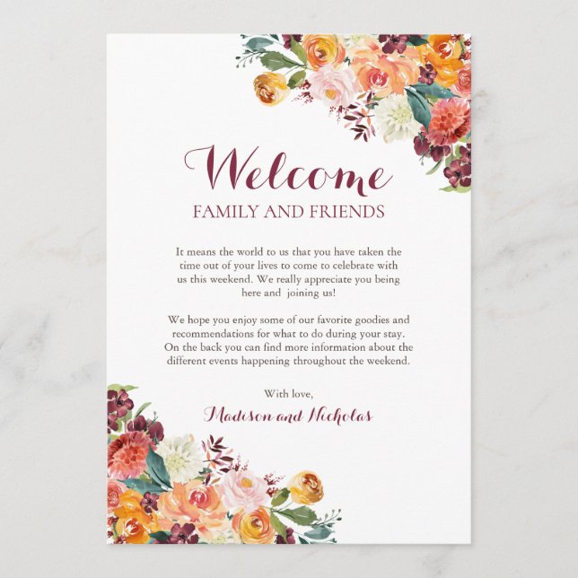 Herbst Blume Wedding Hotel Welcome Cards, Orange Programm (Vorderseite)