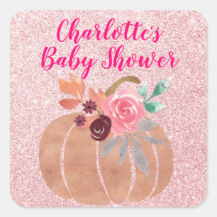 Herbst-Blumen-Kürbis-Baby-Party Rose Gold Quadratischer Aufkleber