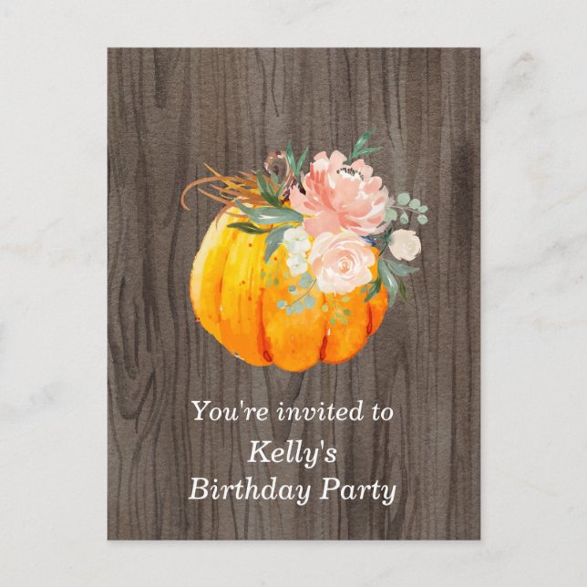 Herbst, Blumen, Kürbis Geburtstag Einladung Postka (Vorderseite)