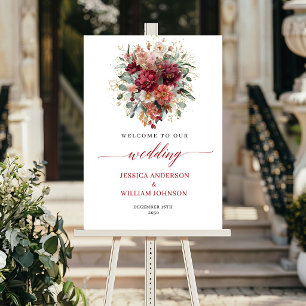 Herbst Boho Burgund Blumen Marsala Grün Begrüßung Poster